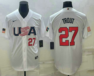 Mens USA Baseball #27 Mike Trout Number 2023 White World Baseball Classic Replica Stitched Jersey